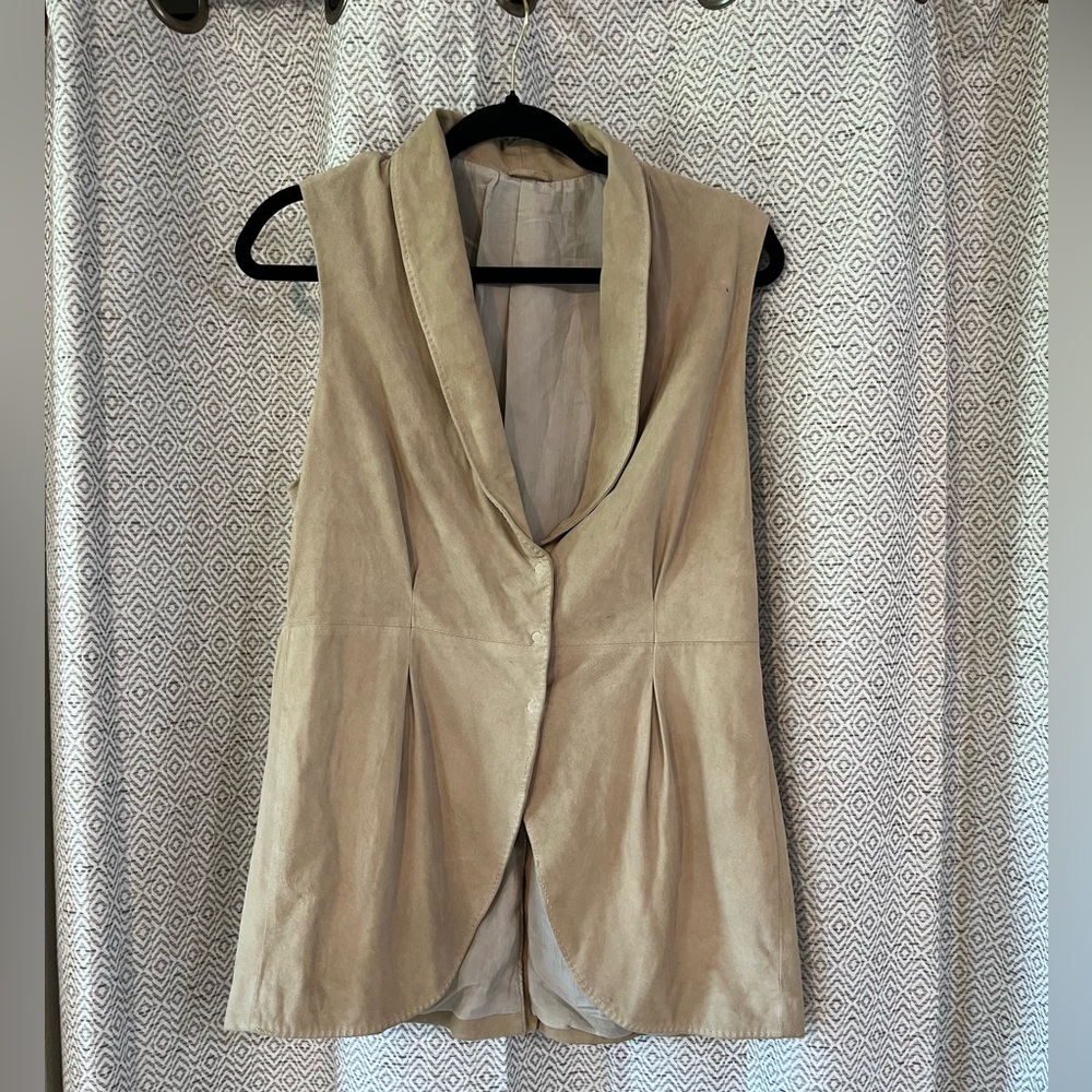Brunello Cucinelli Women’s Long Vest Coat Size S-M Beige Leather Snap Closure